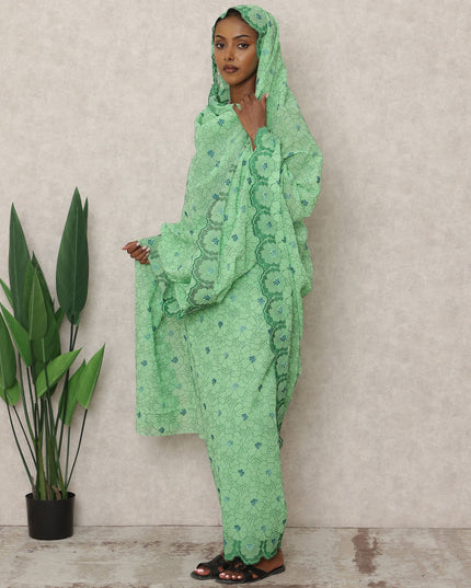 Mint Green Swiss Cotton Thobe with Floral Embroidery and Stone Accents, 4.5 Mtrs Length, Width 140 Cms, Switzerland-D24386