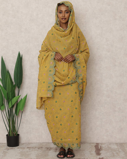 Mustard Yellow Swiss Cotton Thobe with Green Floral Embroidery and Stone Work, 4.5 Mtrs Length, Width 140 Cms, Switzerland-D24389