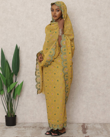 Mustard Yellow Swiss Cotton Thobe with Green Floral Embroidery and Stone Work, 4.5 Mtrs Length, Width 140 Cms, Switzerland-D24389