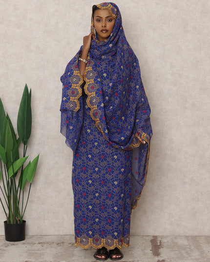 Royal Blue Swiss Cotton Thobe with Floral Embroidery and Stone Work, 4.5 Mtrs Length, Width 140 Cms, Switzerland-D24384