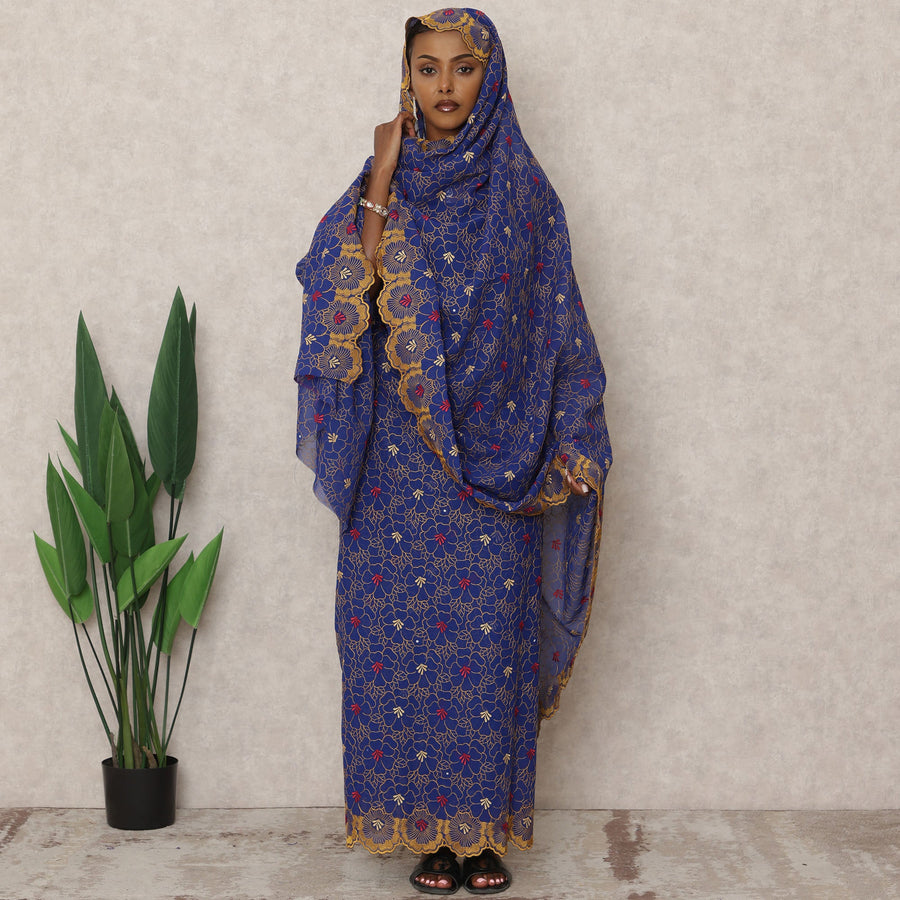 Royal Blue Swiss Cotton Thobe with Floral Embroidery and Stone Work, 4.5 Mtrs Length, Width 140 Cms, Switzerland-D24384