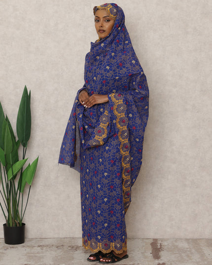 Royal Blue Swiss Cotton Thobe with Floral Embroidery and Stone Work, 4.5 Mtrs Length, Width 140 Cms, Switzerland-D24384