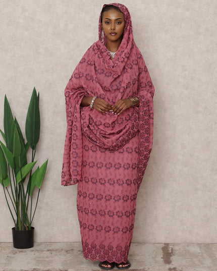 Rose Pink Swiss Embroidered Thobe with Floral Motifs in Pure Cotton Voile Fabric, 4.5 Mtrs, Width 140 Cms, Switzerland-D24375