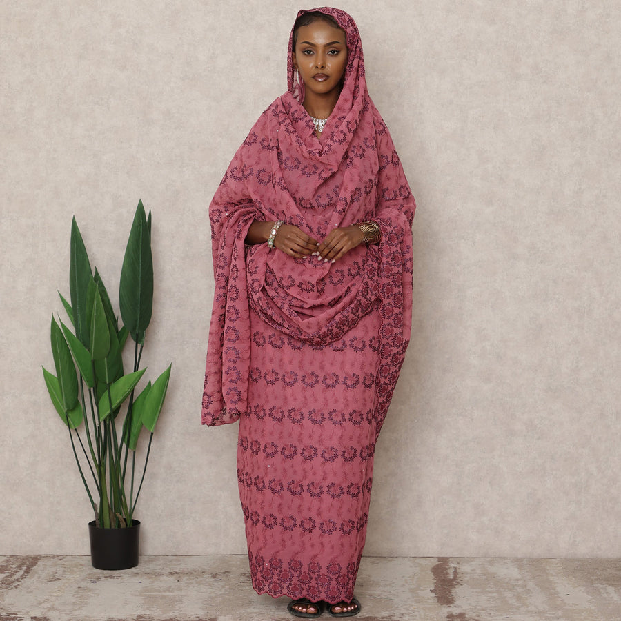 Rose Pink Swiss Embroidered Thobe with Floral Motifs in Pure Cotton Voile Fabric, 4.5 Mtrs, Width 140 Cms, Switzerland-D24375