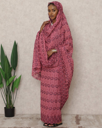 Rose Pink Swiss Embroidered Thobe with Floral Motifs in Pure Cotton Voile Fabric, 4.5 Mtrs, Width 140 Cms, Switzerland-D24375