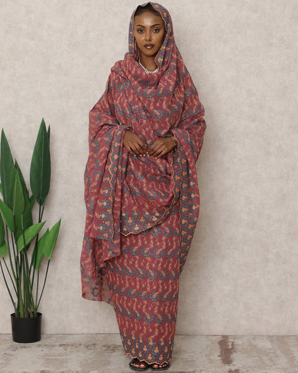 Rust Brown Swiss Cotton Thobe with Embroidery and Stone Work, 4.5 Mtrs Length, Width 140 Cms, Switzerland-D24383