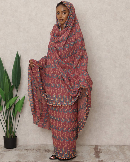 Rust Brown Swiss Cotton Thobe with Embroidery and Stone Work, 4.5 Mtrs Length, Width 140 Cms, Switzerland-D24383