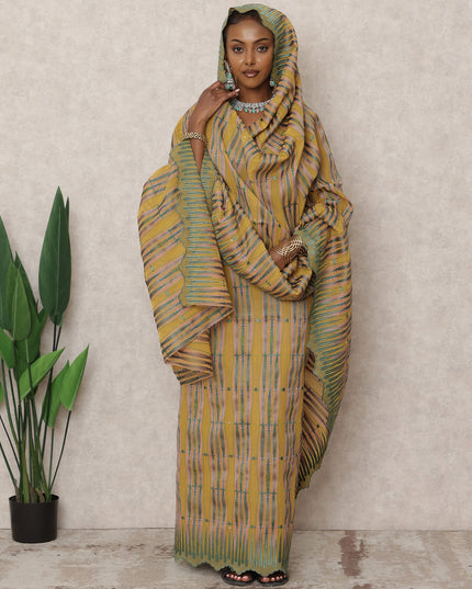 Mustard and Green Swiss Embroidered Thobe with Stone Work in Pure Cotton Voile Fabric, 4.5 Mtrs, Width 140 Cms, Switzerland-D24368