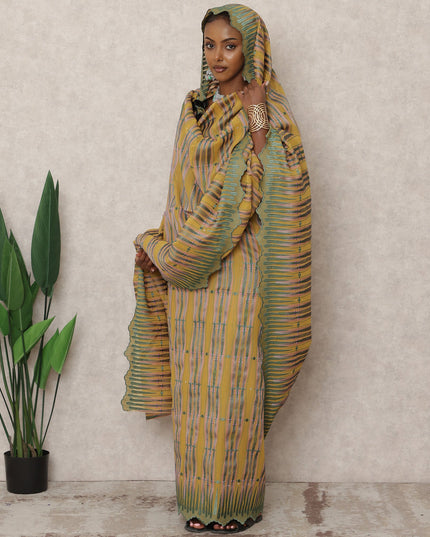 Mustard and Green Swiss Embroidered Thobe with Stone Work in Pure Cotton Voile Fabric, 4.5 Mtrs, Width 140 Cms, Switzerland-D24368