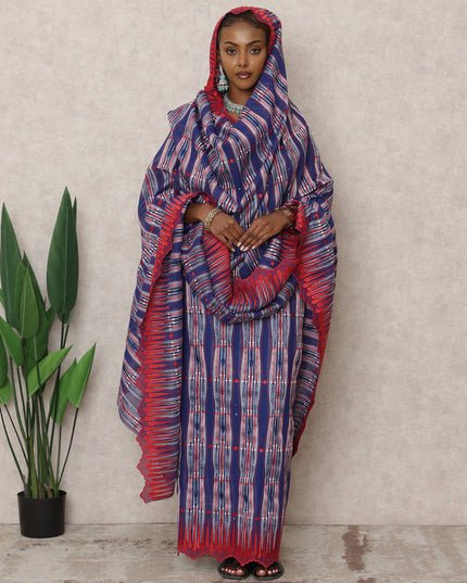 Navy Blue and Red Swiss Striped Thobe with Embroidery and Stone Work in Pure Cotton Voile Fabric, 4.5 Mtrs, Width 140 Cms, Switzerland-D24371