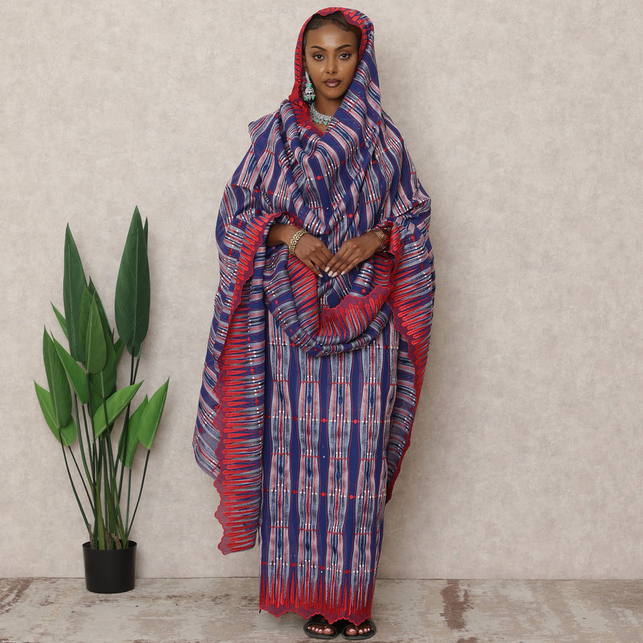 Navy Blue and Red Swiss Striped Thobe with Embroidery and Stone Work in Pure Cotton Voile Fabric, 4.5 Mtrs, Width 140 Cms, Switzerland-D24371