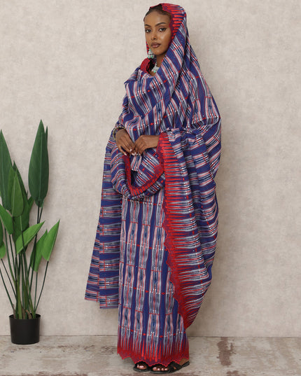Navy Blue and Red Swiss Striped Thobe with Embroidery and Stone Work in Pure Cotton Voile Fabric, 4.5 Mtrs, Width 140 Cms, Switzerland-D24371