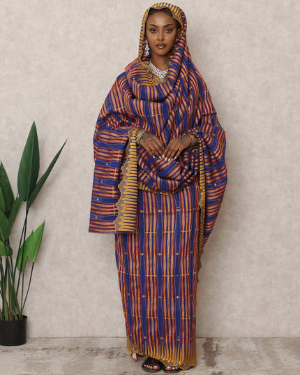 Swiss Royal Blue and Mustard Striped Embroidered Traditional Sudanese Thobe in Pure Cotton Voile with Stone Work, 4.5 Mtrs, Width 140 Cms, Made in Switzerland-D24365