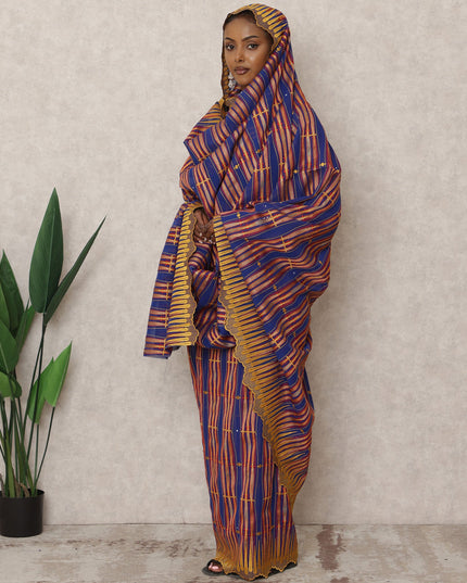 Swiss Royal Blue and Mustard Striped Embroidered Traditional Sudanese Thobe in Pure Cotton Voile with Stone Work, 4.5 Mtrs, Width 140 Cms, Made in Switzerland-D24365