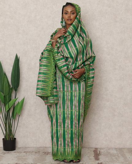 Green and Pink Swiss Embroidered Striped Thobe with Stone Work in Pure Cotton Voile Fabric, 4.5 Mtrs, Width 140 Cms, Switzerland-D24369