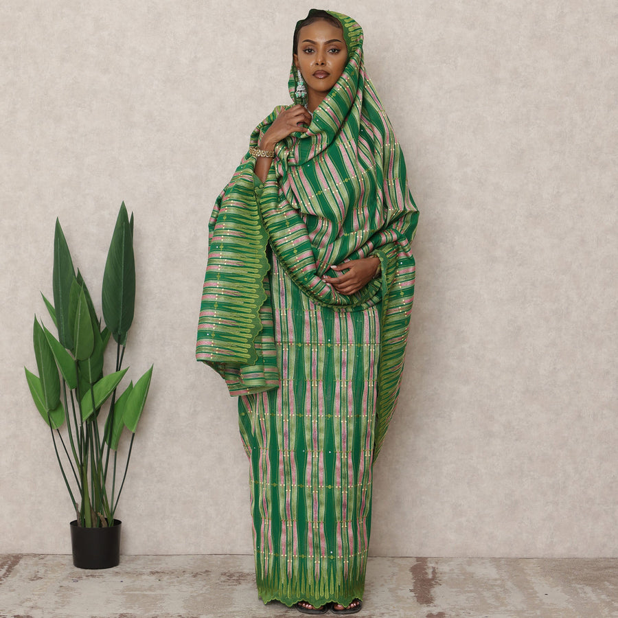 Green and Pink Swiss Embroidered Striped Thobe with Stone Work in Pure Cotton Voile Fabric, 4.5 Mtrs, Width 140 Cms, Switzerland-D24369