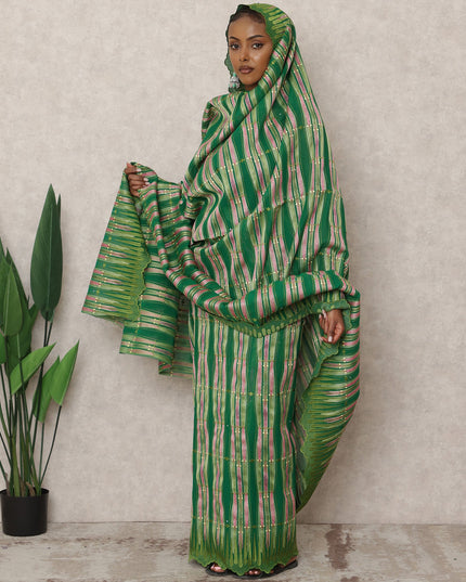 Green and Pink Swiss Embroidered Striped Thobe with Stone Work in Pure Cotton Voile Fabric, 4.5 Mtrs, Width 140 Cms, Switzerland-D24369