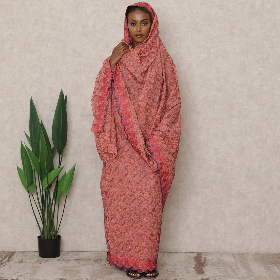 Terracotta Orange Swiss Embroidered Thobe with Spiral Motif Design in Pure Cotton Voile Fabric, 4.5 Mtrs, Width 140 Cms, Switzerland-D24377