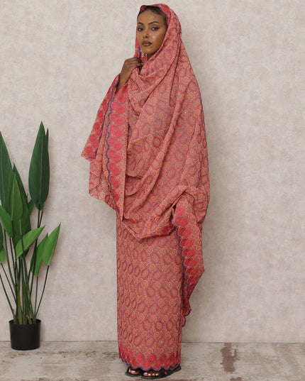 Terracotta Orange Swiss Embroidered Thobe with Spiral Motif Design in Pure Cotton Voile Fabric, 4.5 Mtrs, Width 140 Cms, Switzerland-D24377