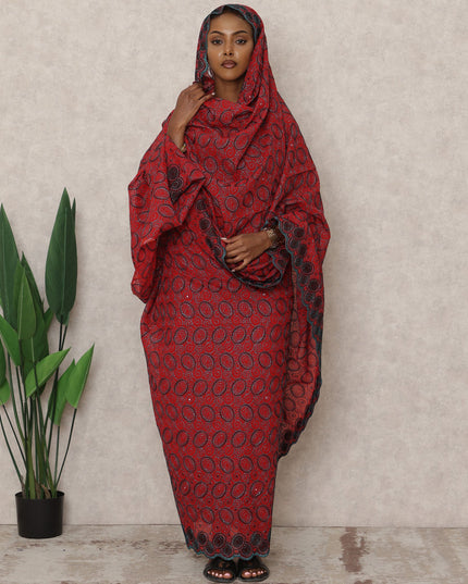 Crimson Red Swiss Embroidered Thobe with Circular Motif Design in Pure Cotton Voile Fabric, 4.5 Mtrs, Width 140 Cms, Switzerland-D24376