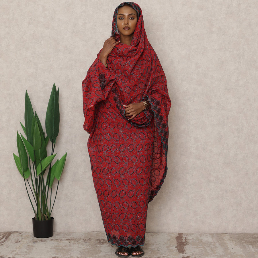 Crimson Red Swiss Embroidered Thobe with Circular Motif Design in Pure Cotton Voile Fabric, 4.5 Mtrs, Width 140 Cms, Switzerland-D24376