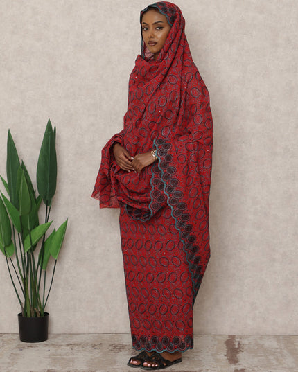 Crimson Red Swiss Embroidered Thobe with Circular Motif Design in Pure Cotton Voile Fabric, 4.5 Mtrs, Width 140 Cms, Switzerland-D24376