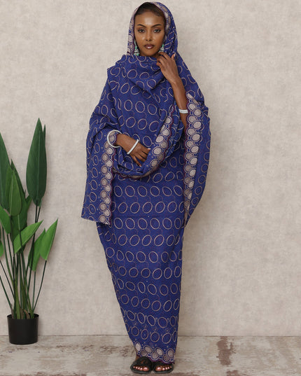 Navy Blue Swiss Embroidered Thobe with Golden Circle Motifs in Pure Cotton Voile Fabric, 4.5 Mtrs, Width 140 Cms, Switzerland-D24374