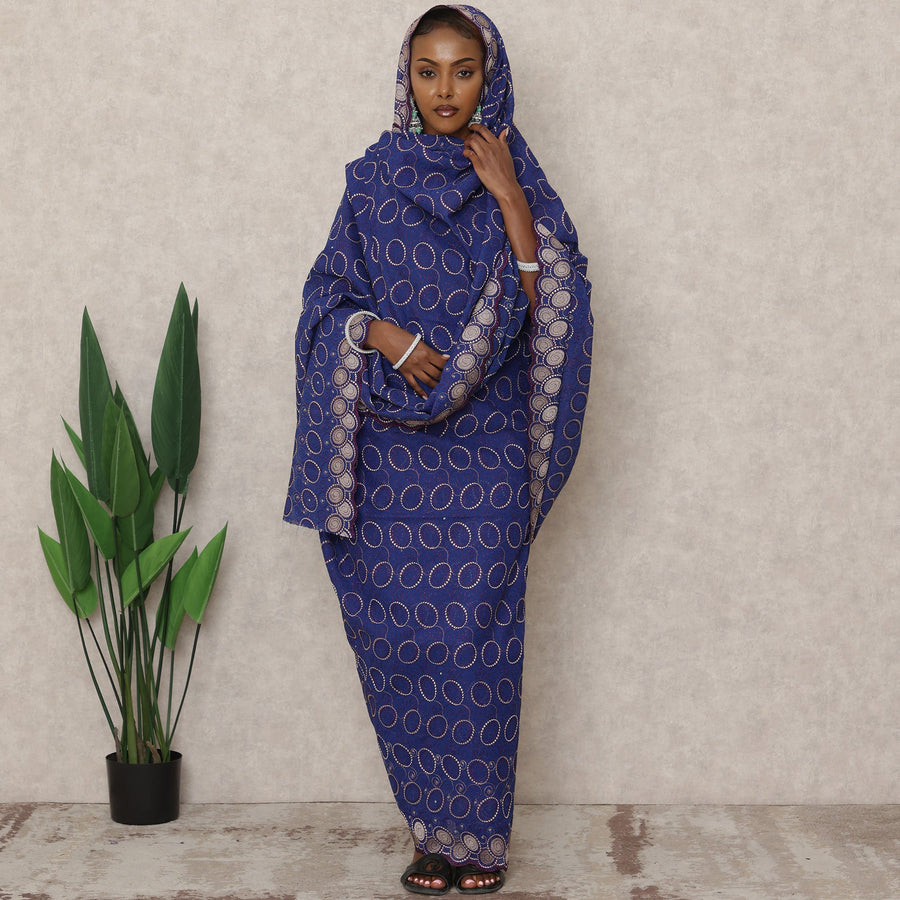 Navy Blue Swiss Embroidered Thobe with Golden Circle Motifs in Pure Cotton Voile Fabric, 4.5 Mtrs, Width 140 Cms, Switzerland-D24374