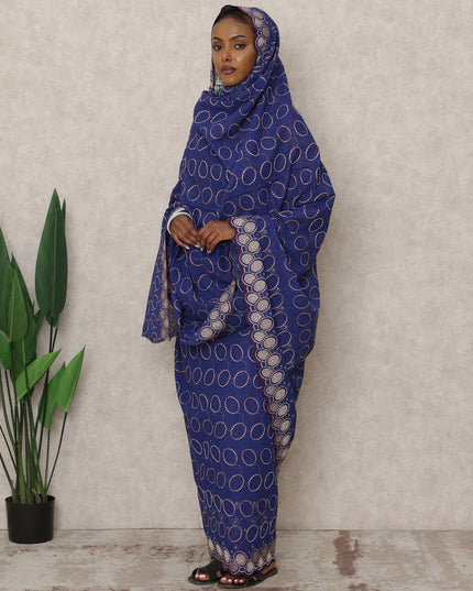 Navy Blue Swiss Embroidered Thobe with Golden Circle Motifs in Pure Cotton Voile Fabric, 4.5 Mtrs, Width 140 Cms, Switzerland-D24374