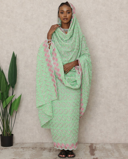 Mint Green Swiss Embroidered Thobe with Circular Pink Motifs in Pure Cotton Voile Fabric, 4.5 Mtrs, Width 140 Cms, Switzerland-D24373