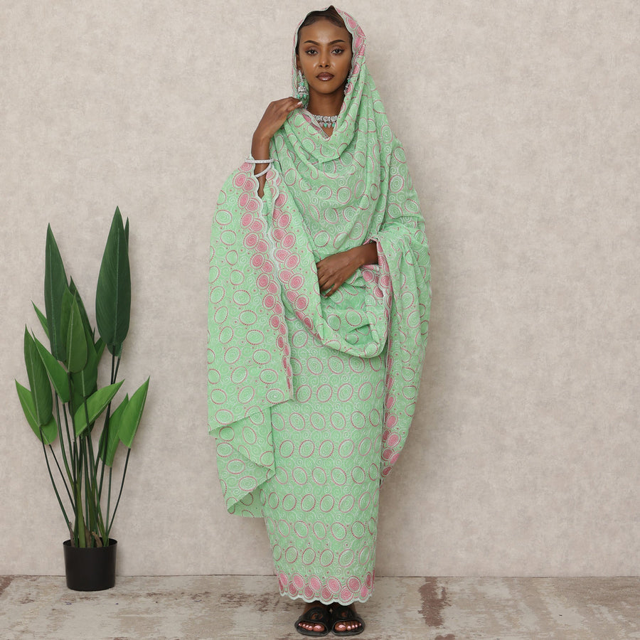 Mint Green Swiss Embroidered Thobe with Circular Pink Motifs in Pure Cotton Voile Fabric, 4.5 Mtrs, Width 140 Cms, Switzerland-D24373