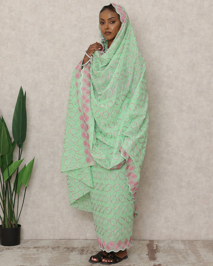 Mint Green Swiss Embroidered Thobe with Circular Pink Motifs in Pure Cotton Voile Fabric, 4.5 Mtrs, Width 140 Cms, Switzerland-D24373