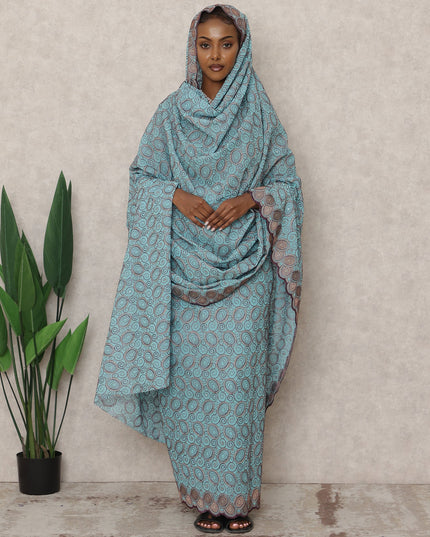 Sky Blue Traditional Swiss Embroidered Thobe with Spiral Motif in Pure Cotton Voile Fabric, 4.5 Mtrs, Width 140 Cms, Switzerland-D24378