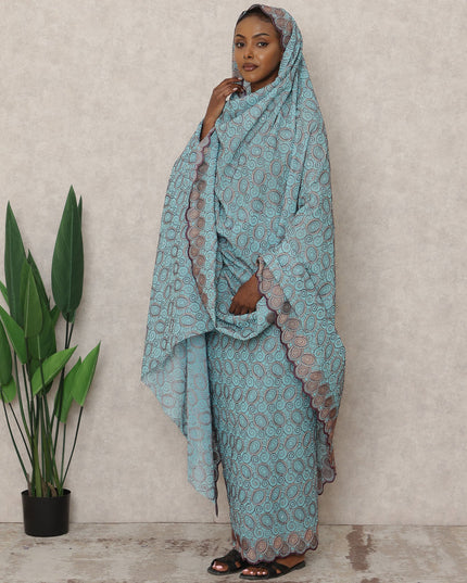 Sky Blue Traditional Swiss Embroidered Thobe with Spiral Motif in Pure Cotton Voile Fabric, 4.5 Mtrs, Width 140 Cms, Switzerland-D24378