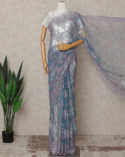 Aqua Blue and Lavender Premium French Metallic Chantilly Lace Saree – 5.5 Meters Length, 110 Cms Width, Crafted in France-D26114