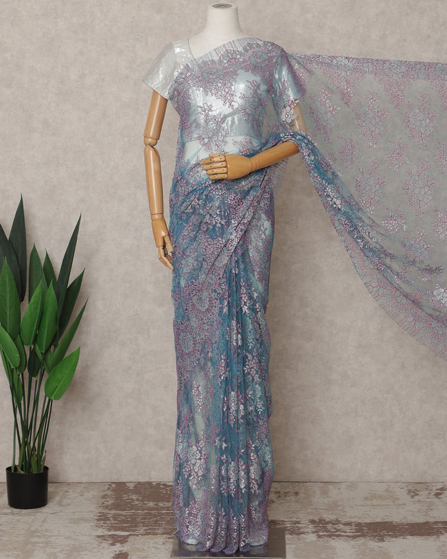 Aqua Blue and Lavender Premium French Metallic Chantilly Lace Saree – 5.5 Meters Length, 110 Cms Width, Crafted in France-D26114