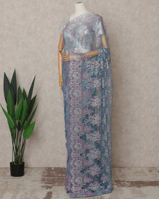Aqua Blue and Lavender Premium French Metallic Chantilly Lace Saree – 5.5 Meters Length, 110 Cms Width, Crafted in France-D26114