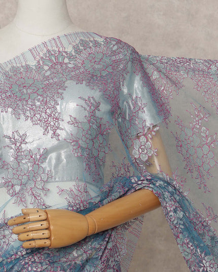 Aqua Blue and Lavender Premium French Metallic Chantilly Lace Saree – 5.5 Meters Length, 110 Cms Width, Crafted in France-D26114