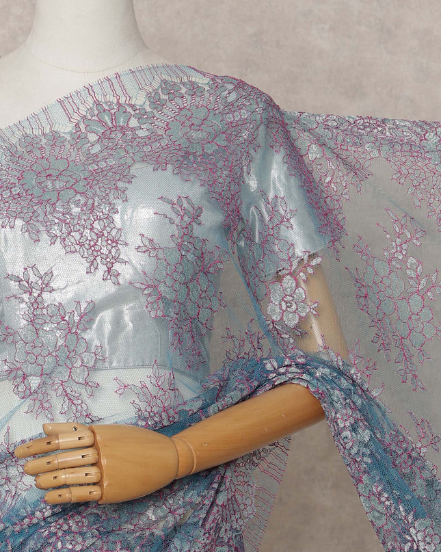 Aqua Blue and Lavender Premium French Metallic Chantilly Lace Saree – 5.5 Meters Length, 110 Cms Width, Crafted in France-D26114
