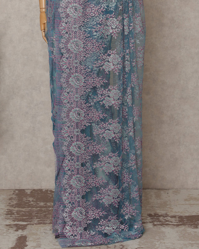 Aqua Blue and Lavender Premium French Metallic Chantilly Lace Saree – 5.5 Meters Length, 110 Cms Width, Crafted in France-D26114