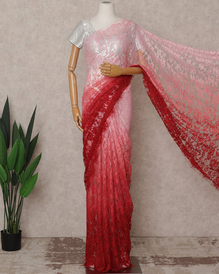 Pink and Red Premium French Ombre Chantilly Lace Saree – 5.5 Meters Length, 110 Cms Width, Crafted in France-D26096