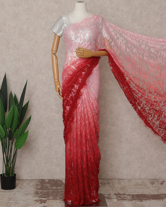 Pink and Red Premium French Ombre Chantilly Lace Saree – 5.5 Meters Length, 110 Cms Width, Crafted in France-D26096