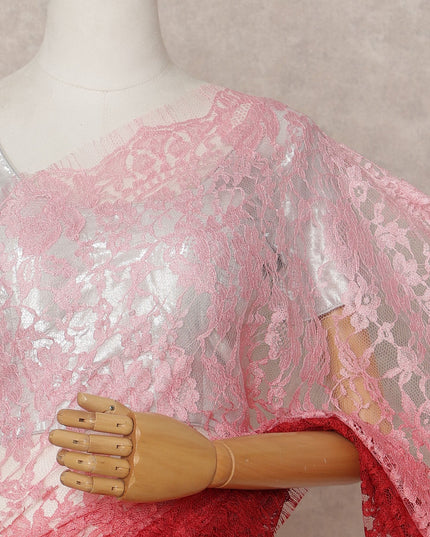 Pink and Red Premium French Ombre Chantilly Lace Saree – 5.5 Meters Length, 110 Cms Width, Crafted in France-D26096