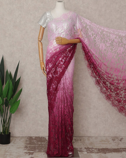 Baby Pink and Wine Premium French Ombre Chantilly Lace Saree – 5.5 Meters Length, 110 Cms Width, Crafted in France-D26103