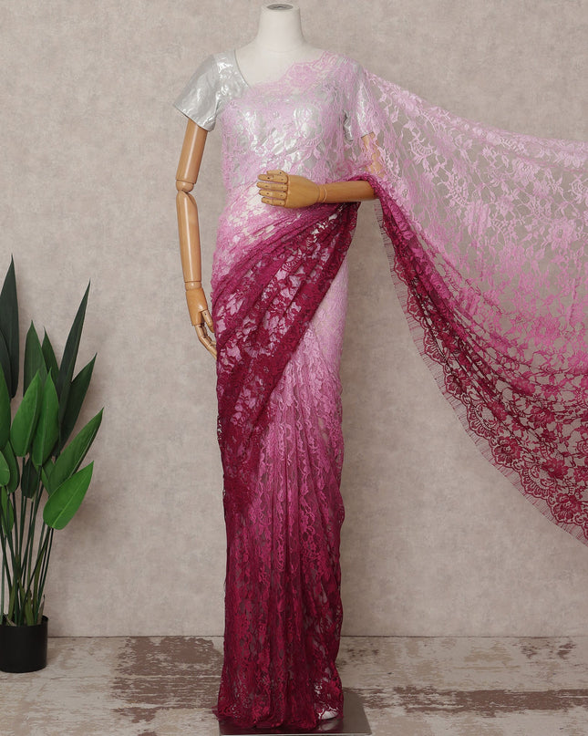 Baby Pink and Wine Premium French Ombre Chantilly Lace Saree – 5.5 Meters Length, 110 Cms Width, Crafted in France-D26103