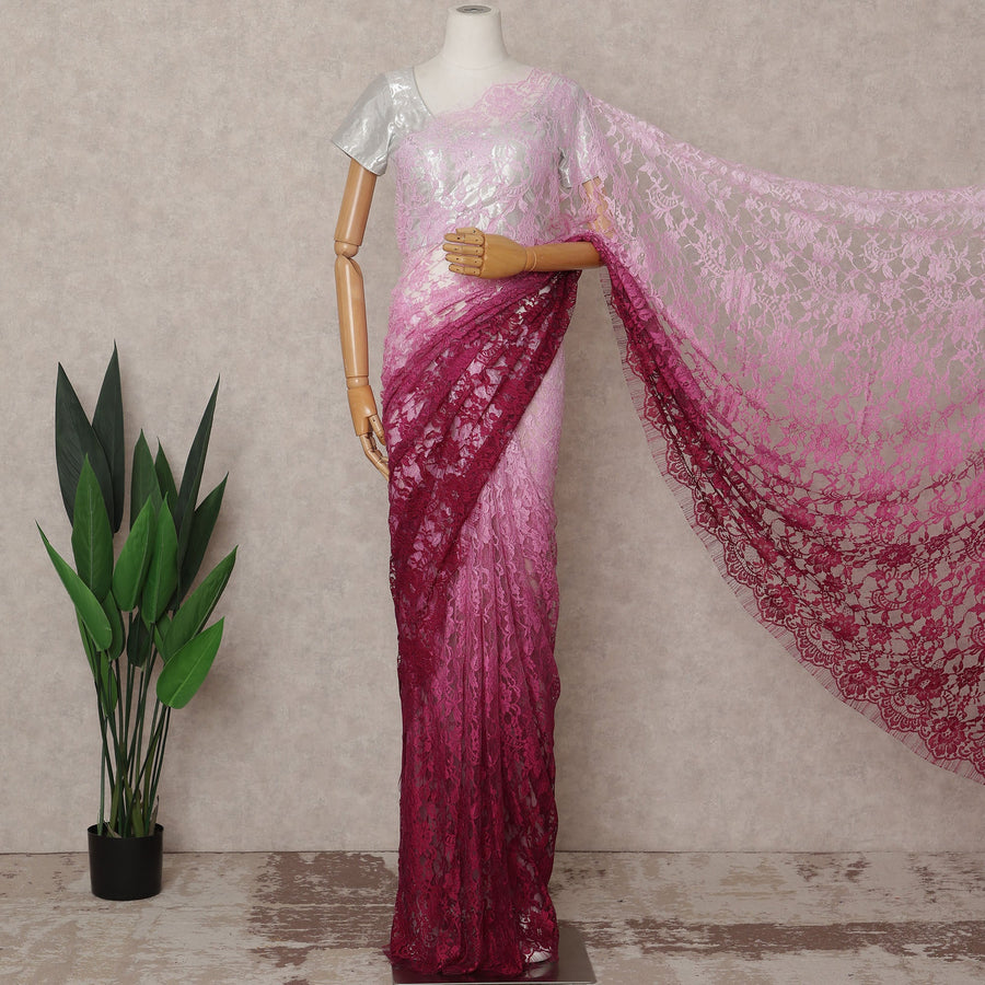 Baby Pink and Wine Premium French Ombre Chantilly Lace Saree – 5.5 Meters Length, 110 Cms Width, Crafted in France-D26103