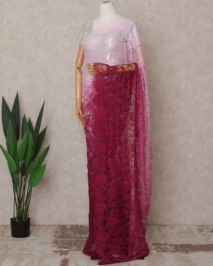 Baby Pink and Wine Premium French Ombre Chantilly Lace Saree – 5.5 Meters Length, 110 Cms Width, Crafted in France-D26103