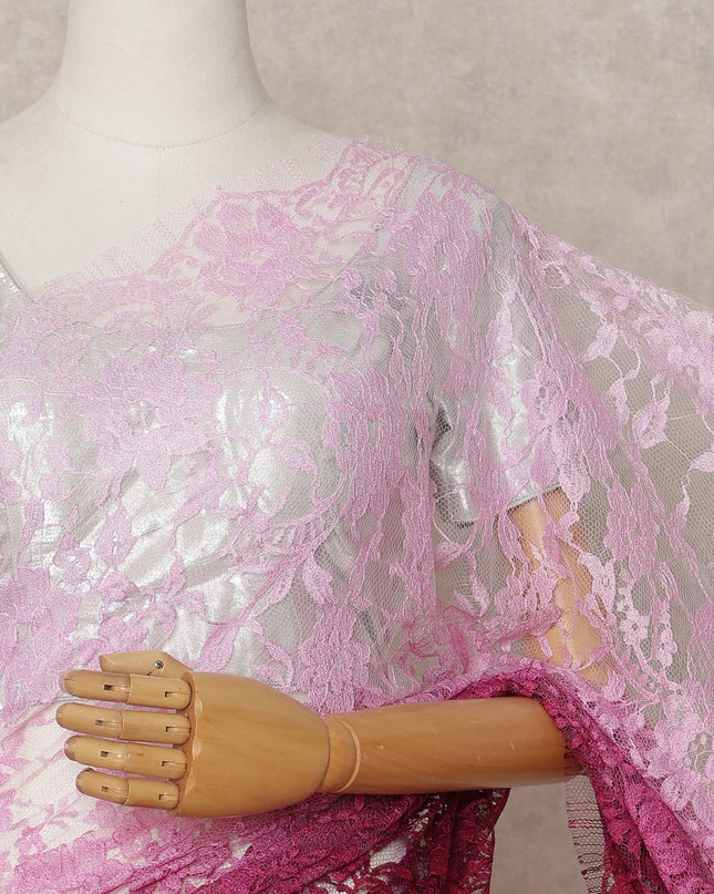Baby Pink and Wine Premium French Ombre Chantilly Lace Saree – 5.5 Meters Length, 110 Cms Width, Crafted in France-D26103