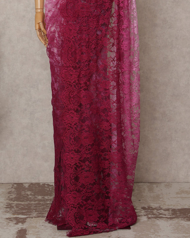 Baby Pink and Wine Premium French Ombre Chantilly Lace Saree – 5.5 Meters Length, 110 Cms Width, Crafted in France-D26103