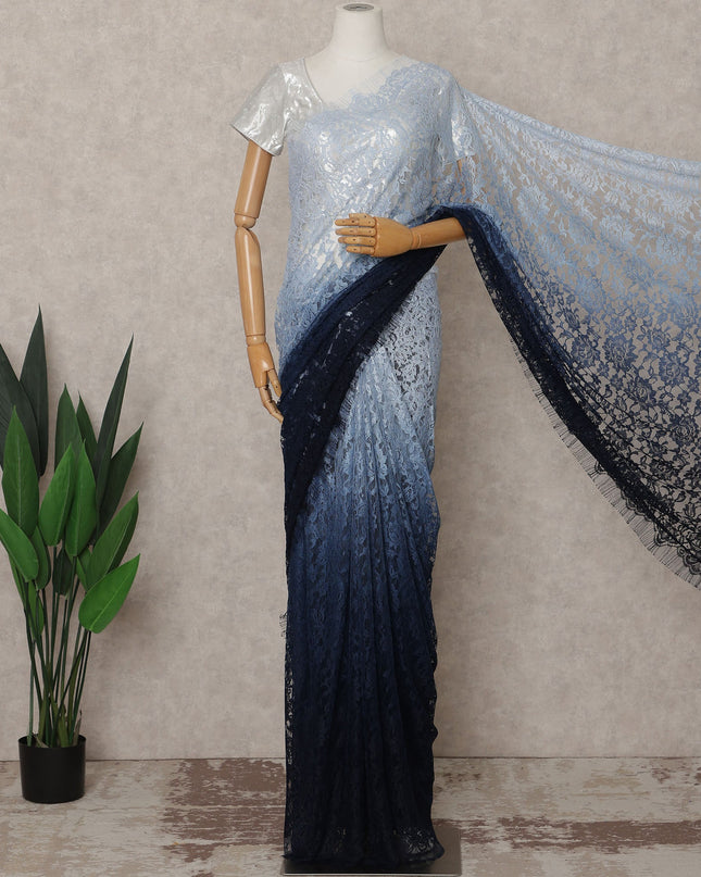 Sky Blue and Navy Premium French Ombre Chantilly Lace Saree – 5.5 Meters Length, 110 Cms Width, Crafted in France-D26099